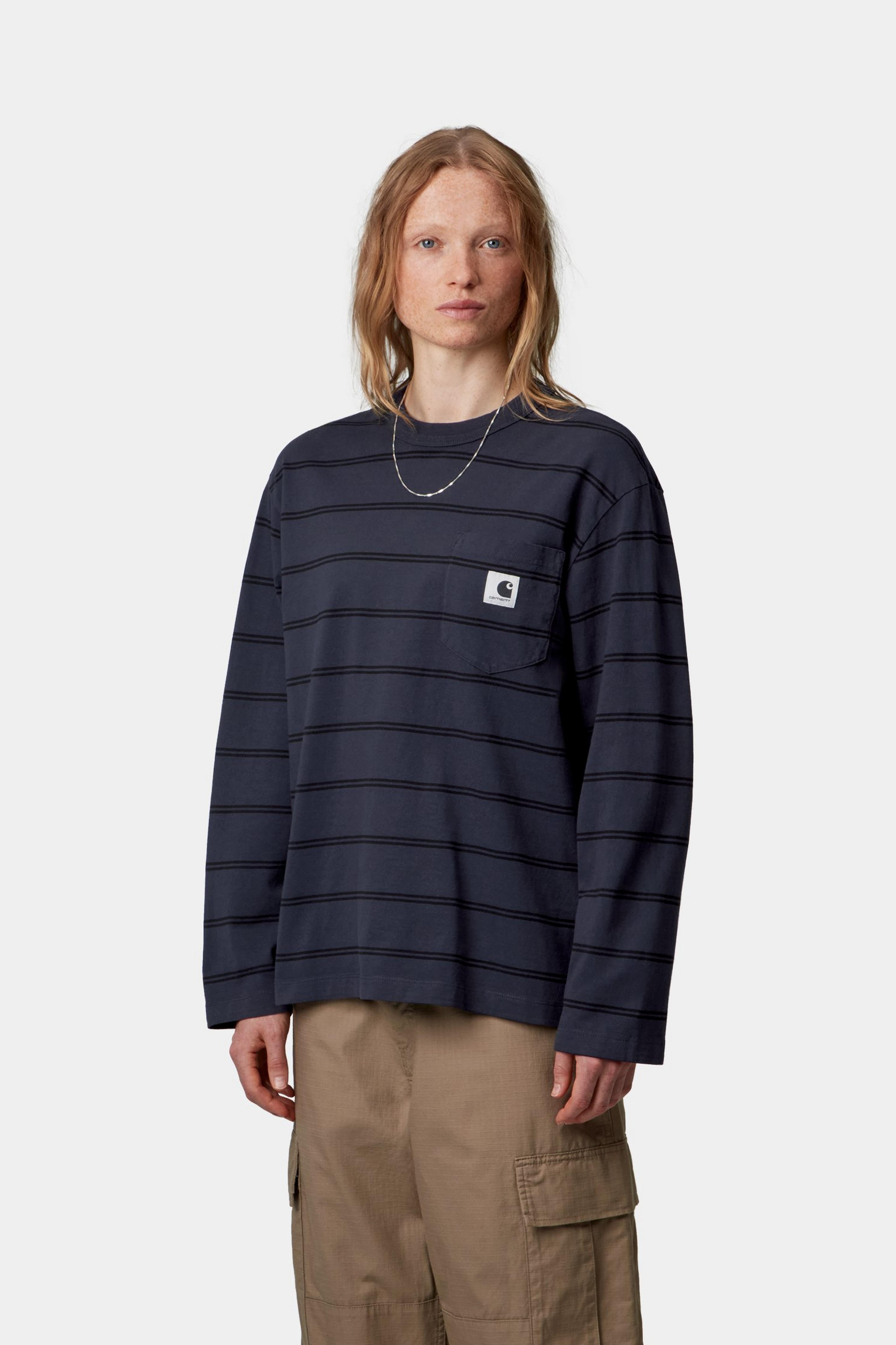 W’ L/S Cardona Pocket T-Shirt - Cardona Stripe, Natural / Dark Navy, Garment dyed 2