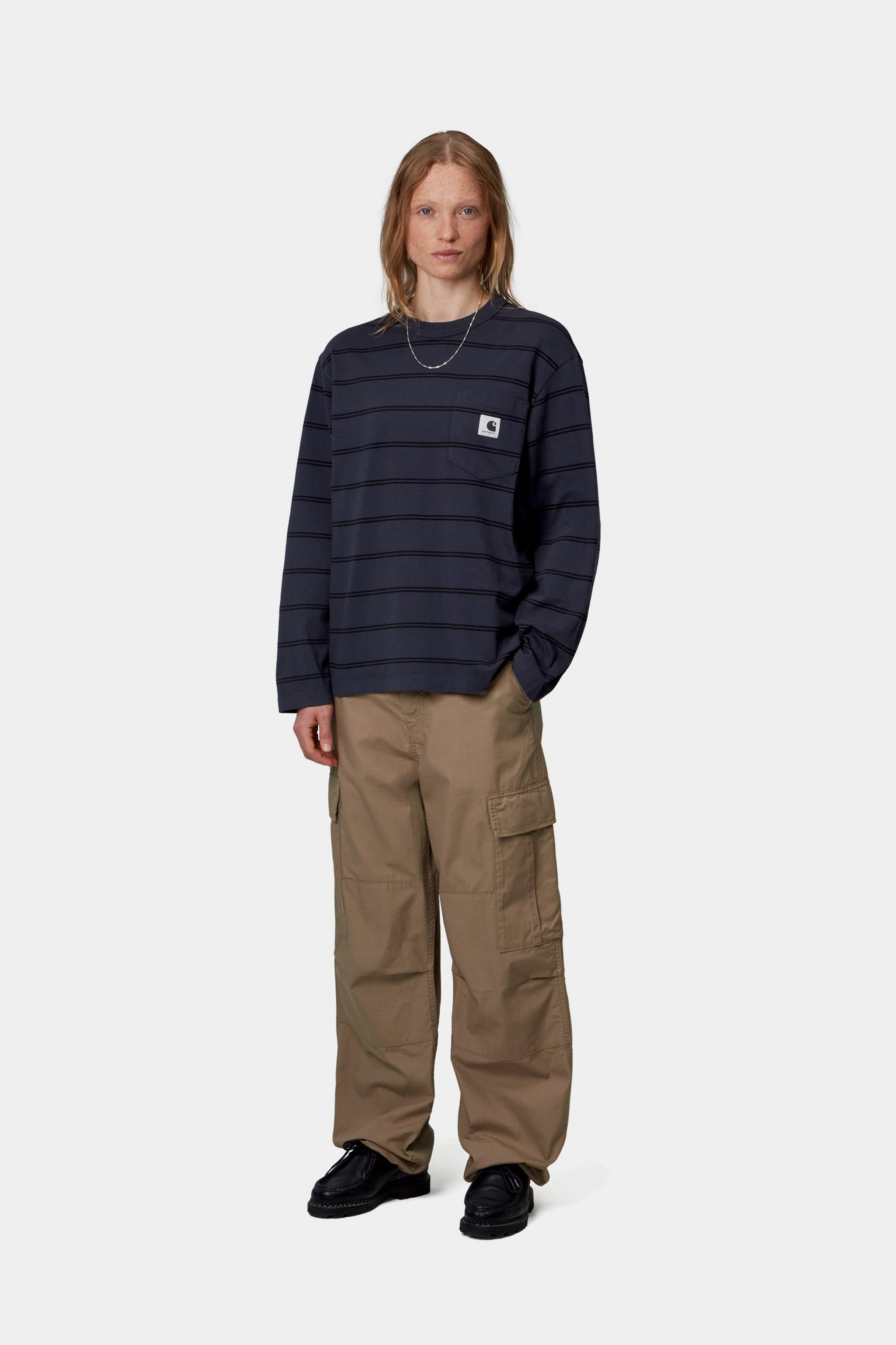 W’ L/S Cardona Pocket T-Shirt - Cardona Stripe, Natural / Dark Navy, Garment dyed 4