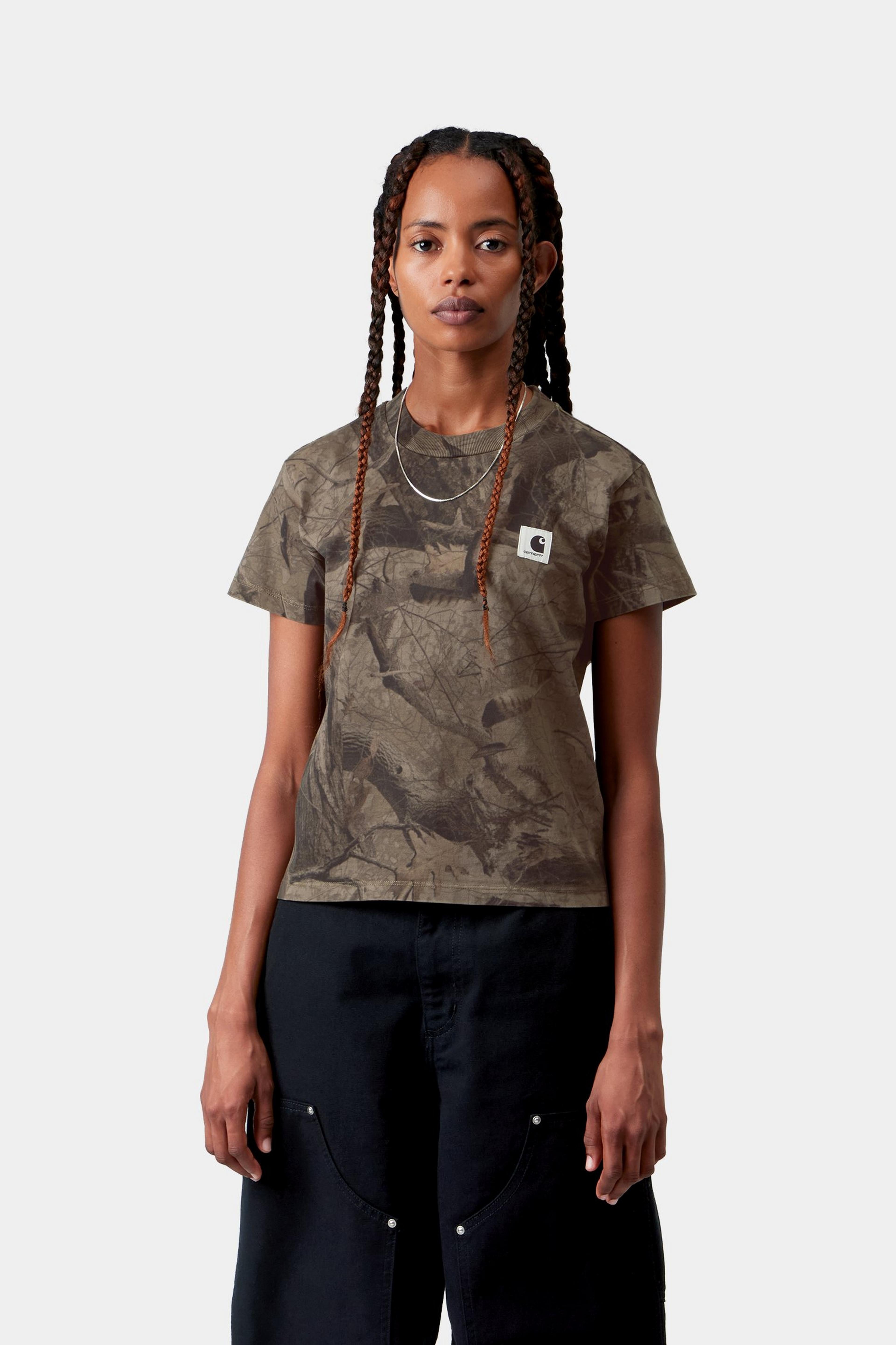 W' S/S Feather Tree T-Shirt - Camo Feather Tree, Khaki / Shungite, Garment dyed 2