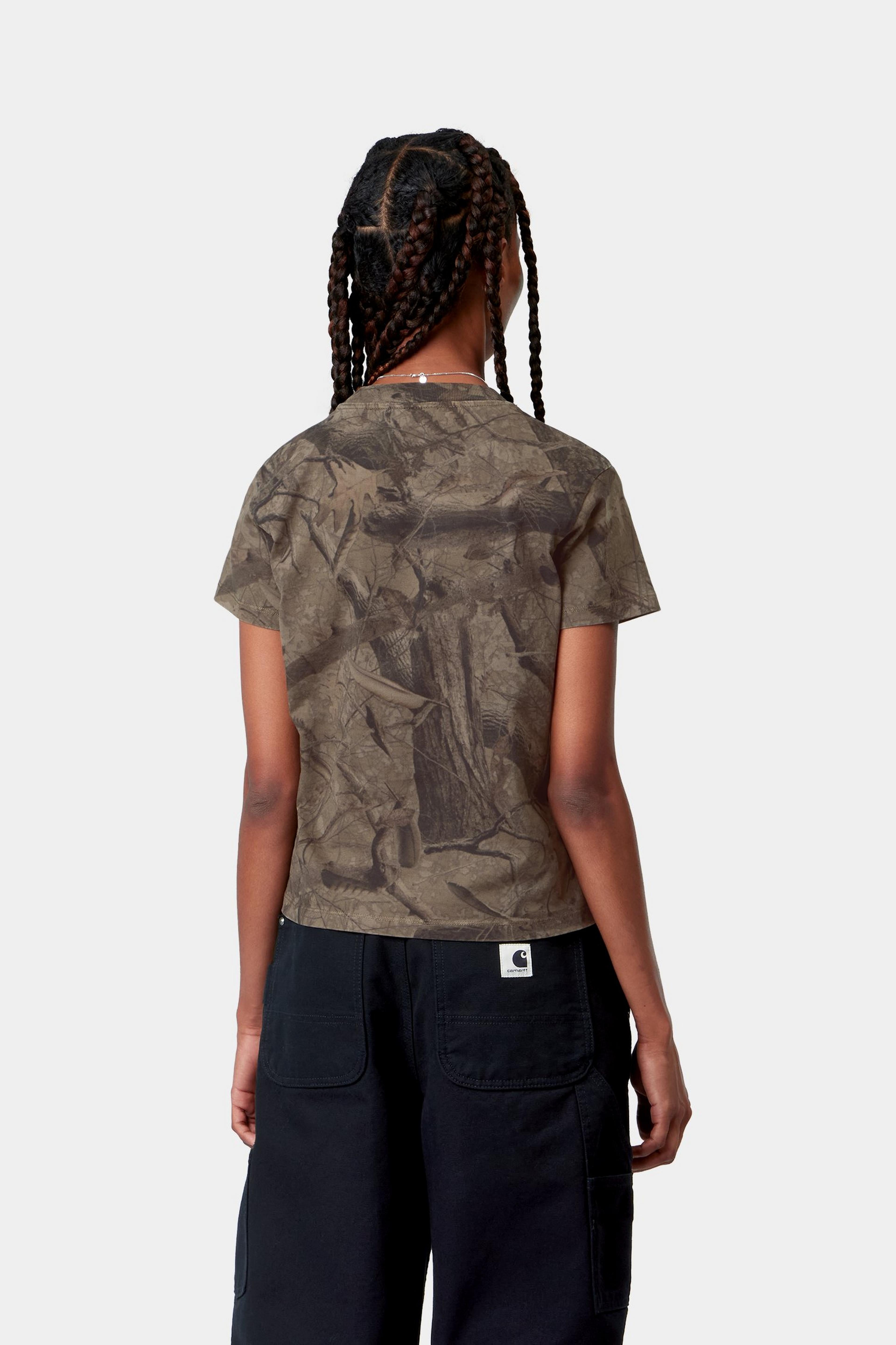 W' S/S Feather Tree T-Shirt - Camo Feather Tree, Khaki / Shungite, Garment dyed 3