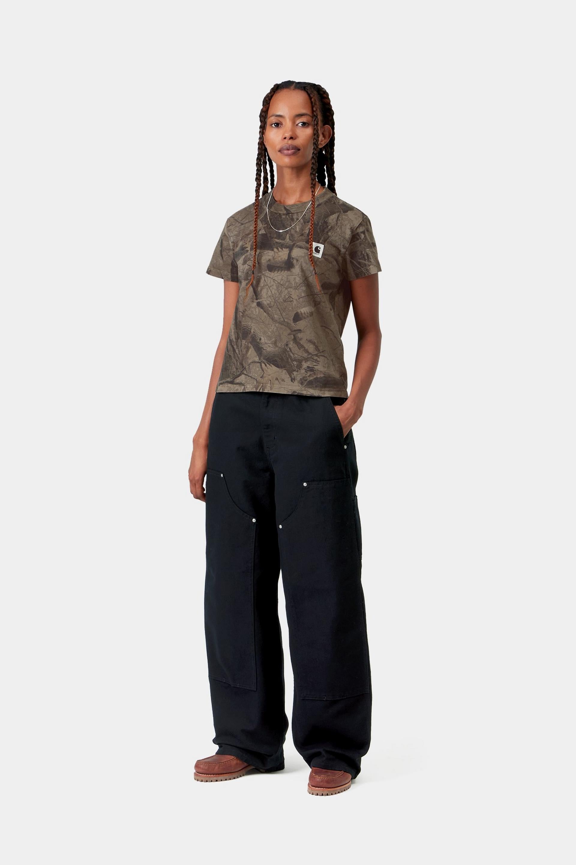 W' S/S Feather Tree T-Shirt - Camo Feather Tree, Khaki / Shungite, Garment dyed 4