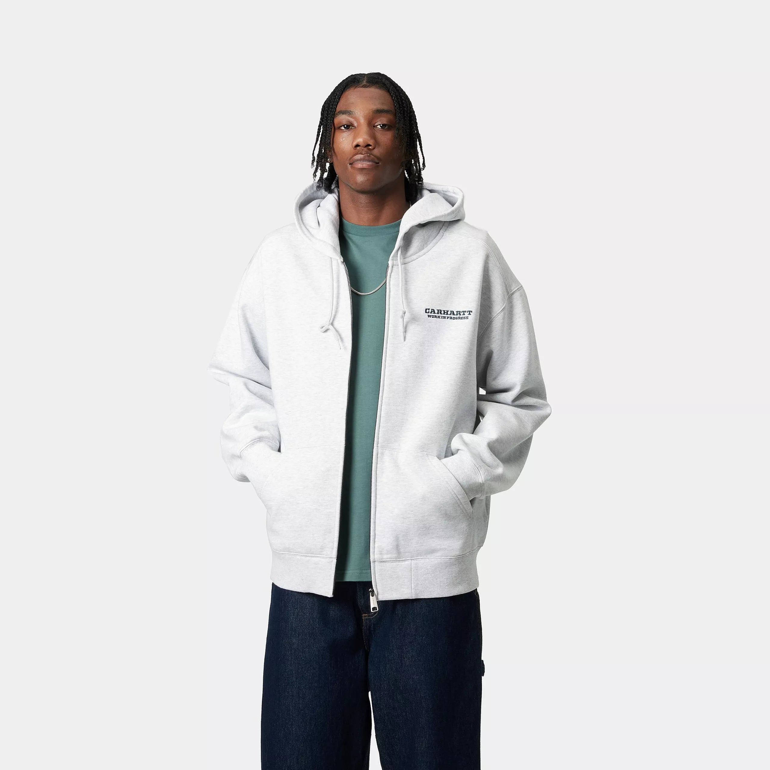 HOODED RUNAWAY SWEAT JACKET - Ash Heather / Malachite (stone washed)