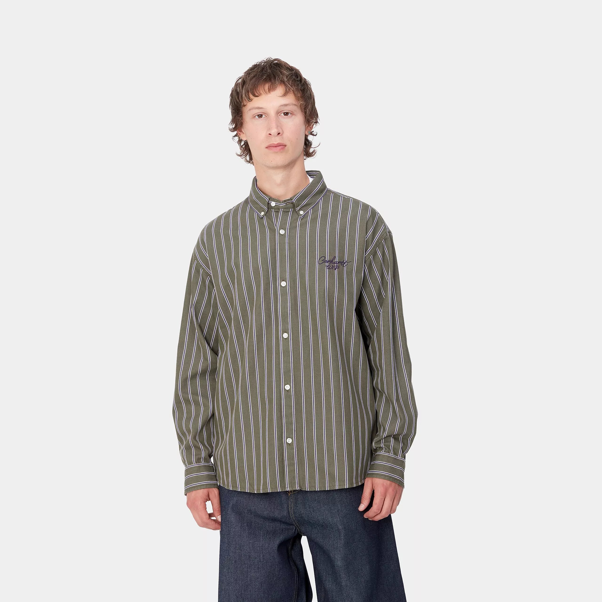 L/S SIGNATURE SHIRT - Betz Stripe, Office Green / Aura (stone washed)