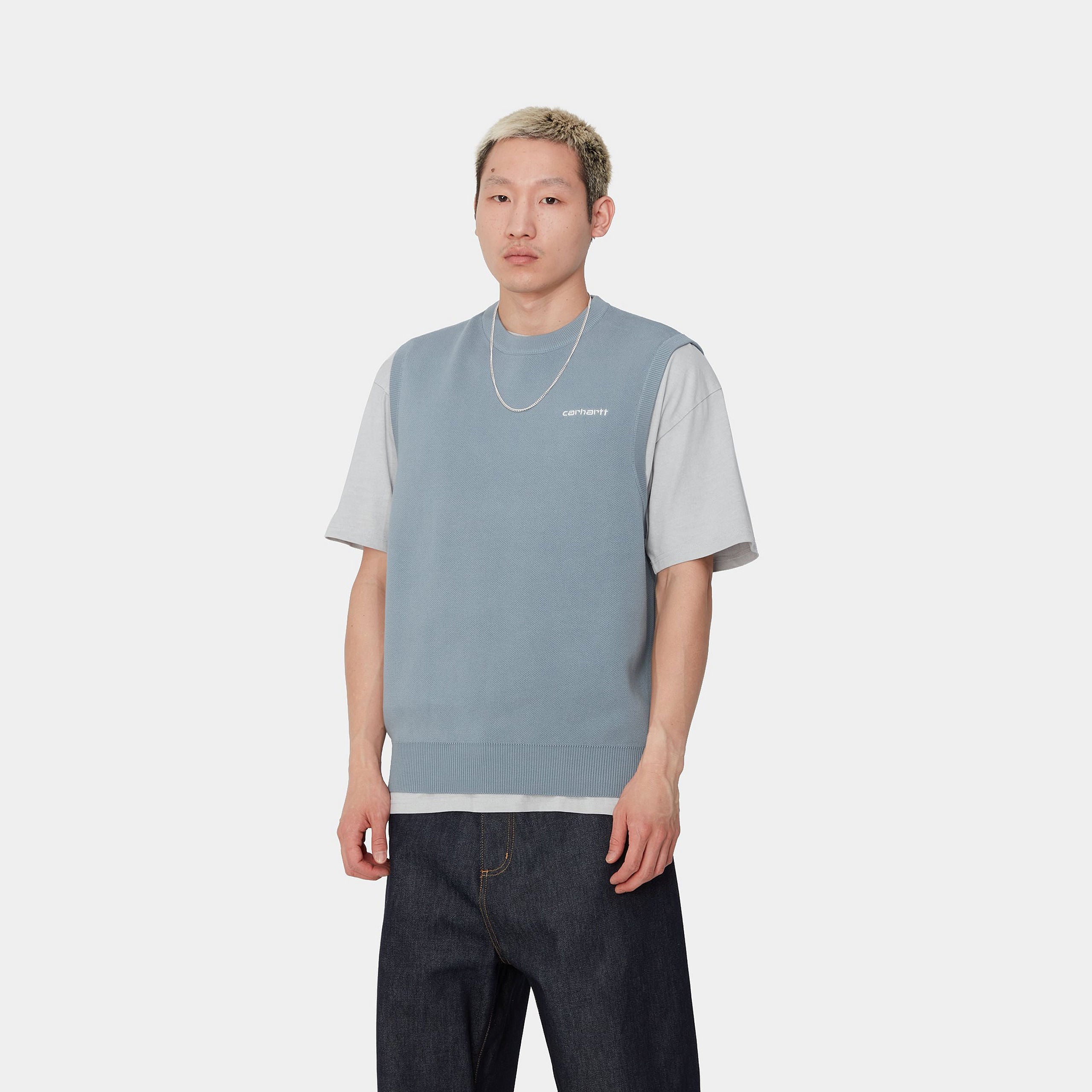 SCRIPT VEST SWEATER - Misty Sky / White